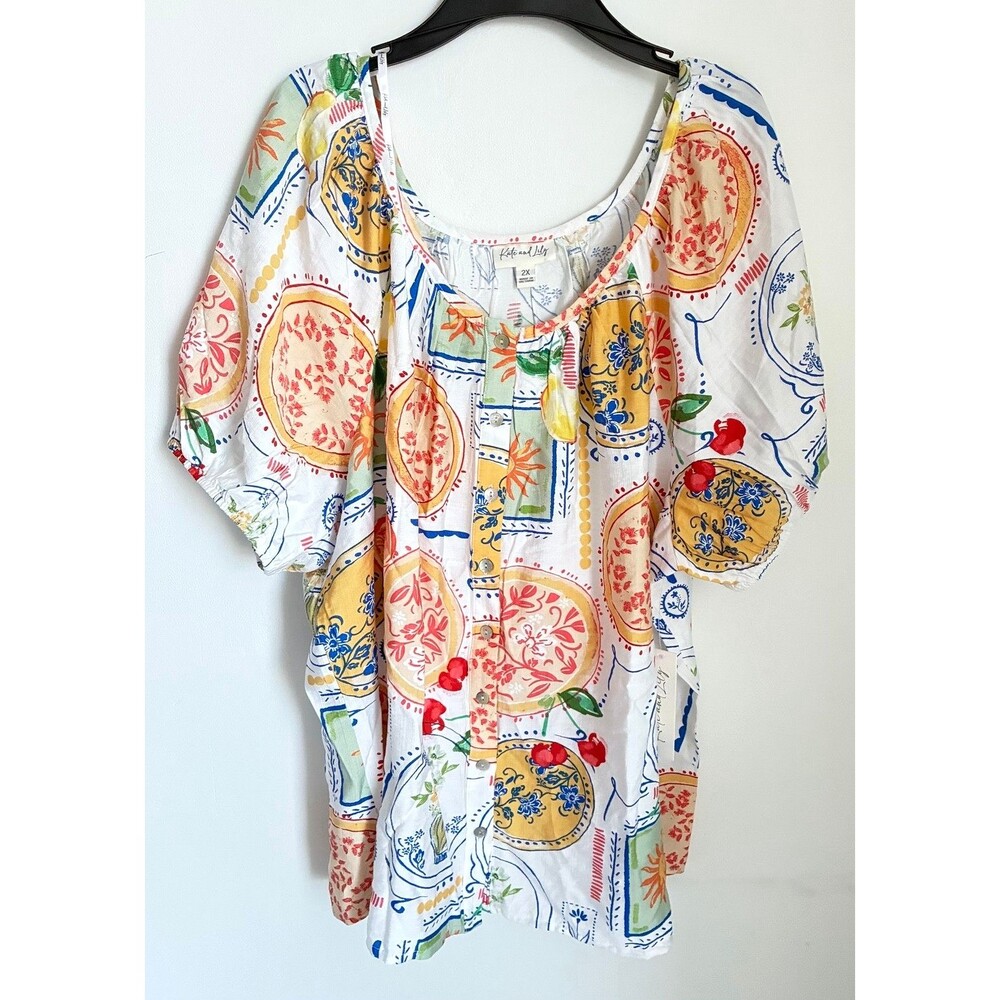 Kate And Lily Womens Size 2X Postcard Print Button Front Blouse Multicolor Top